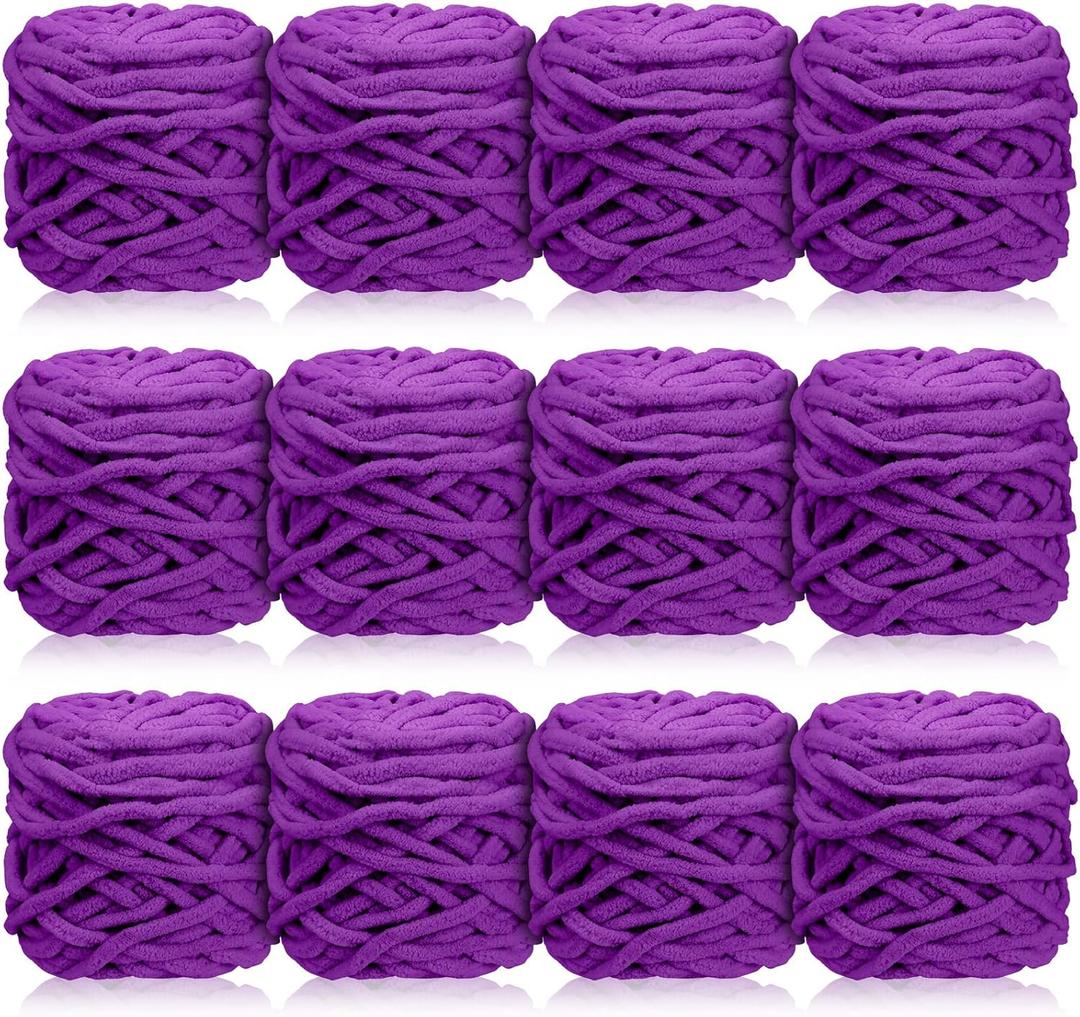 Timgle 12 Skeins Chunky Chenille Yarn for Crocheting, 552 Yards Bulky Purple Thick Fluffy Yarns Soft Velvet Plush Yarn for Hand Knitting Blanket Crafts Project