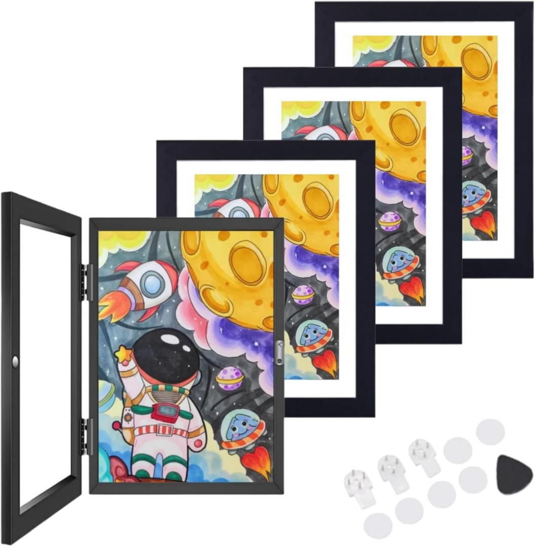 4 Packs Kids Artwork Frames Changeable Hold 150-10 by 12.5 Picture Frame Front Opening, Kids Art Storage Frame for Art Display, Wall Artwork, Crafts Decor (Black)