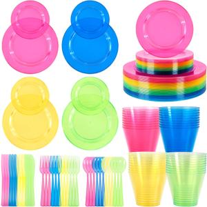 Supernal 216pcs Plastic Dinnerware Set include Rainbow Disposable Plates for Party Heavy Duty,Colorful Disposable Cups,Plastic Silveware in Neon Pink,Blue,Green,Yellow, Pefect for Birthdays