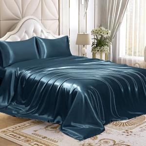 Homiest 4pcs Satin Sheets Set Luxury Silky Satin Bedding Set with Deep Pocket, 1 Fitted Sheet + 1 Flat Sheet + 2 Pillowcases (Full Size, Deep Sea Blue)