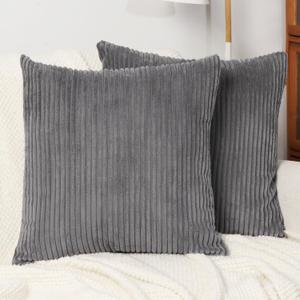 2 Pack Decorative Throw Pillow Covers Grey, 20x20 Inch Soft Corduroy Striped Pillow Cases, Modern Farmhouse Home Decor for Sofa Living Room Couch Bed