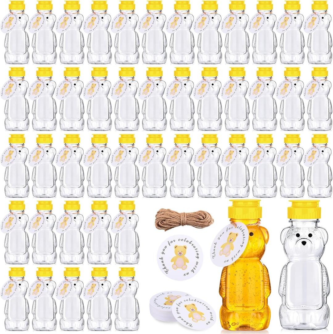 Mifoci 48 Pcs 8 oz Plastic Bear Honey Squeeze Bottle with Flip Top Lid Empty Honey Jar Containers Bear Cup with 48 Thank You Tags and Jute Rope for Baby Shower Favor