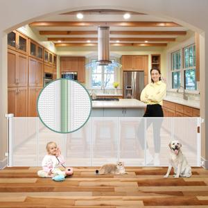 Reinforced 100 Inch Retractable Baby Gates for Doorways Extra Wide to Prevent Crawling Through, 8 ft Extra Long Retractable Pet Gate for Dogs, Safety Outdoor Baby Gate for Deck, Porch, Patio, White, Size: 33" Tall x 100" Wide（ With Reinforced Bar ）