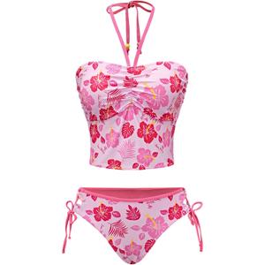ZAFUL Cute Tankini Y2k Swimsuit for Women Trendy Side Tie 2 Piece Bikini Set Halter Ruched Bathing Suit Retro Strapless Top (Small, Pink Floral)