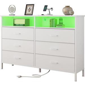 Dresser For Bedroom, White Bedroom Dresser With LED Lights And Charging Station, 6 Long Drawers Dresser