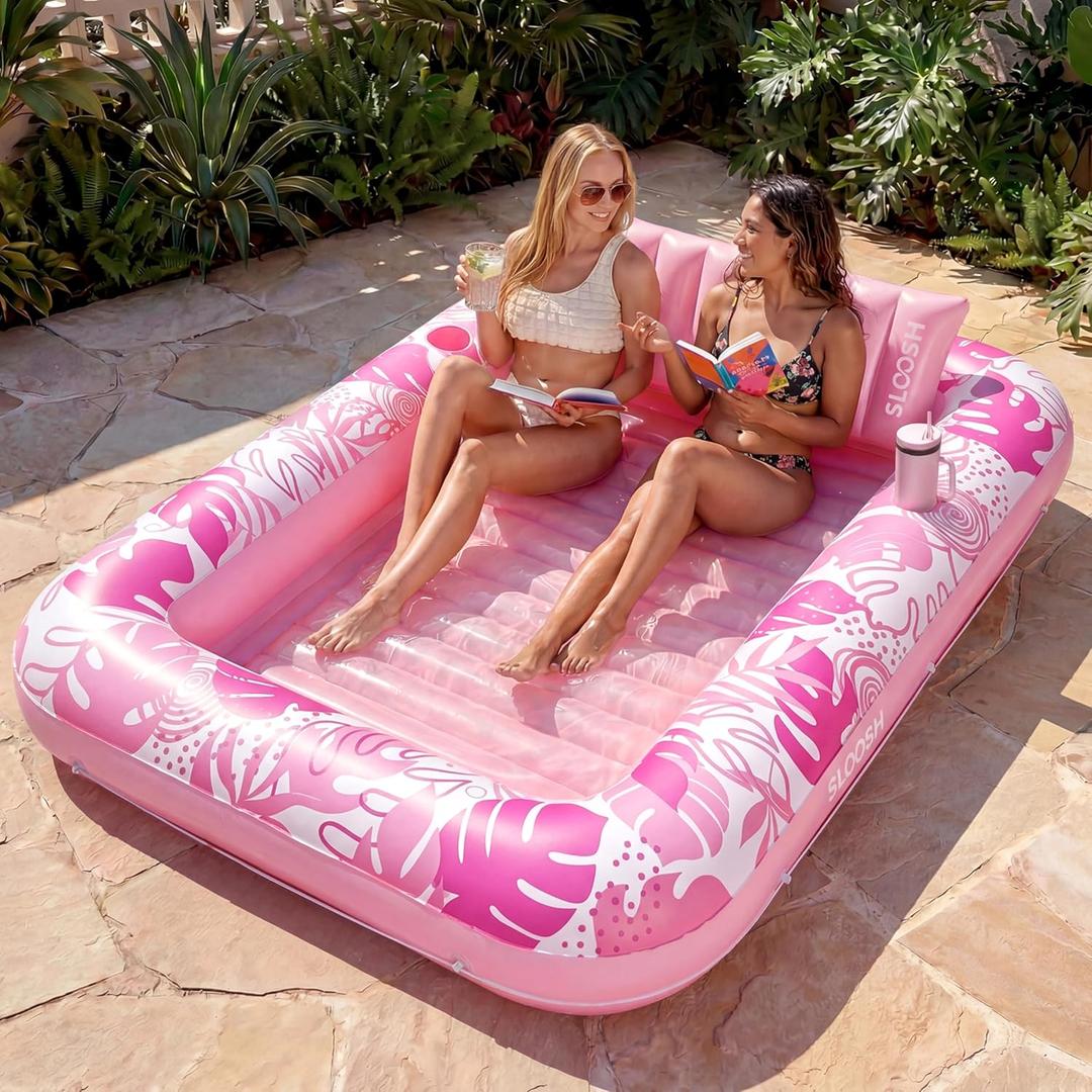 SLOOSH Inflatable Tanning Pool Lounger Float, 85" x 57" Extra Large Pool Floats Adult with Pillow, 4 in 1 Suntan Tub Raft Floatie,Sunbathing Bed Lounge for Water Blow Up Ball Pit, XL-Blushing Pink