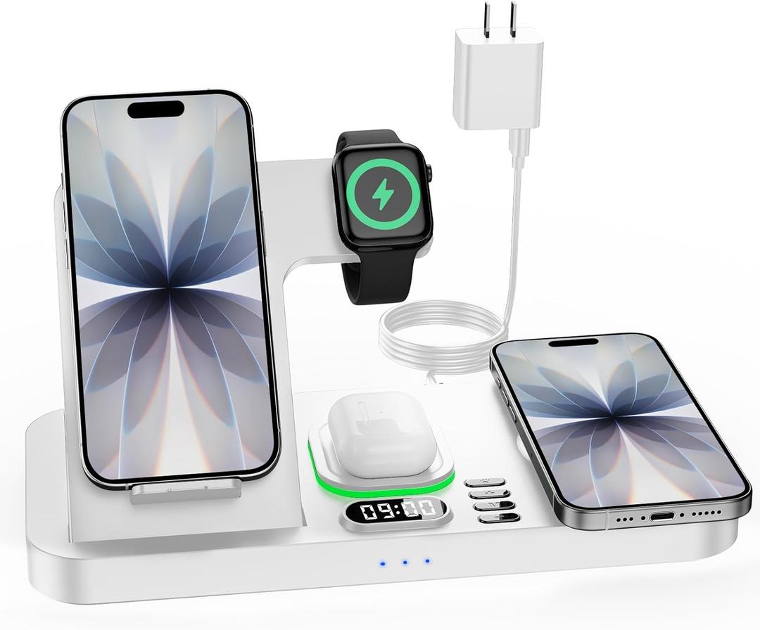 Dual Phone Wireless Charging Station for Apple Devices, Magnetic Charging Station for iPhone with Auto Switch 7-Color Light&Clock, Family Wireless Charger for iPhone16 for iWatch10 for AirPods4(White