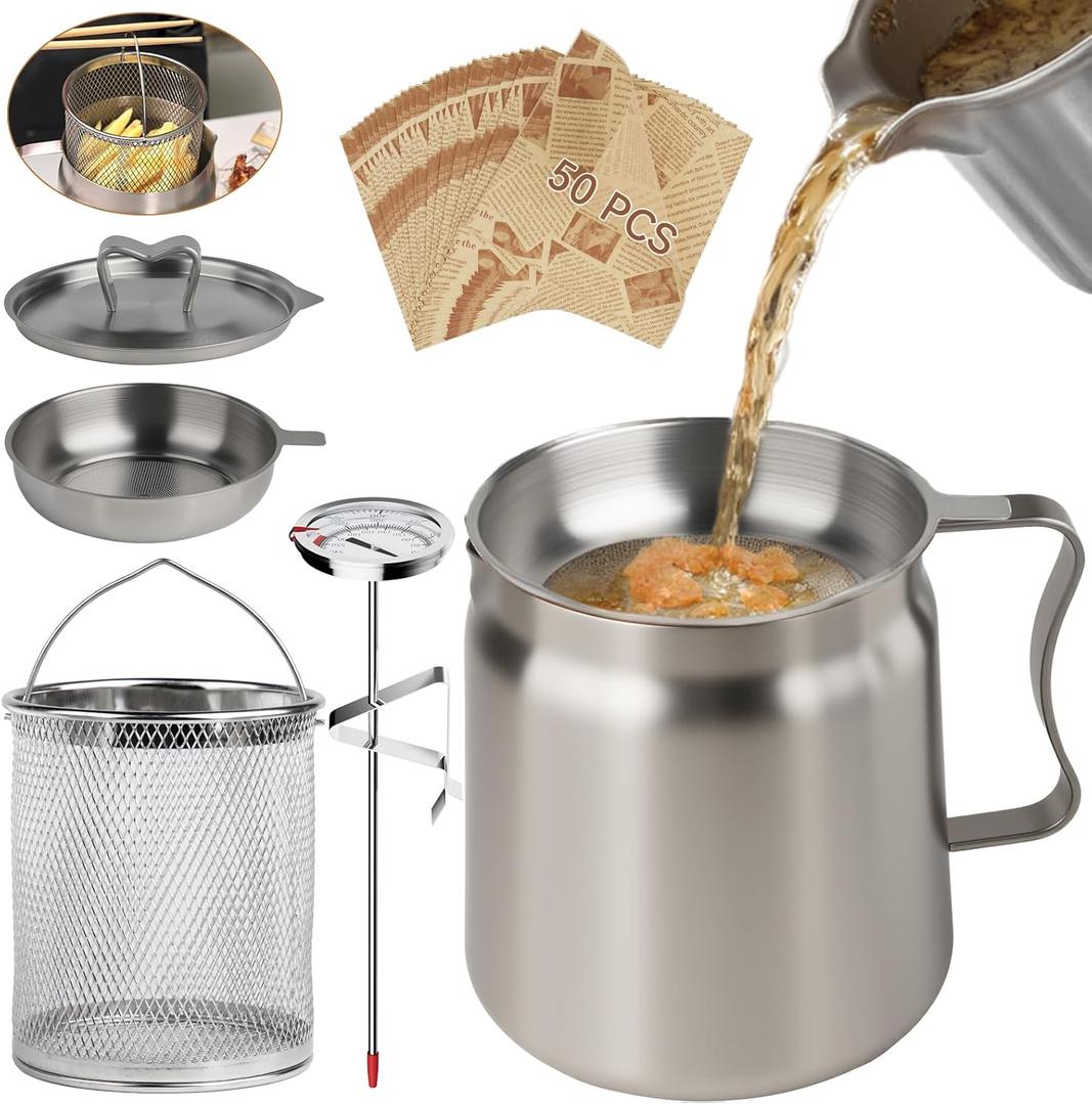 6 PCS 2L Oil Filter Pot Bacon Grease Saver with Strainer,68oz Large Capacity Fryer Pot with Basket, Cooking Thermometer & 50 Wax Papers, Stainless Steel Fryer for Kitchen Camping