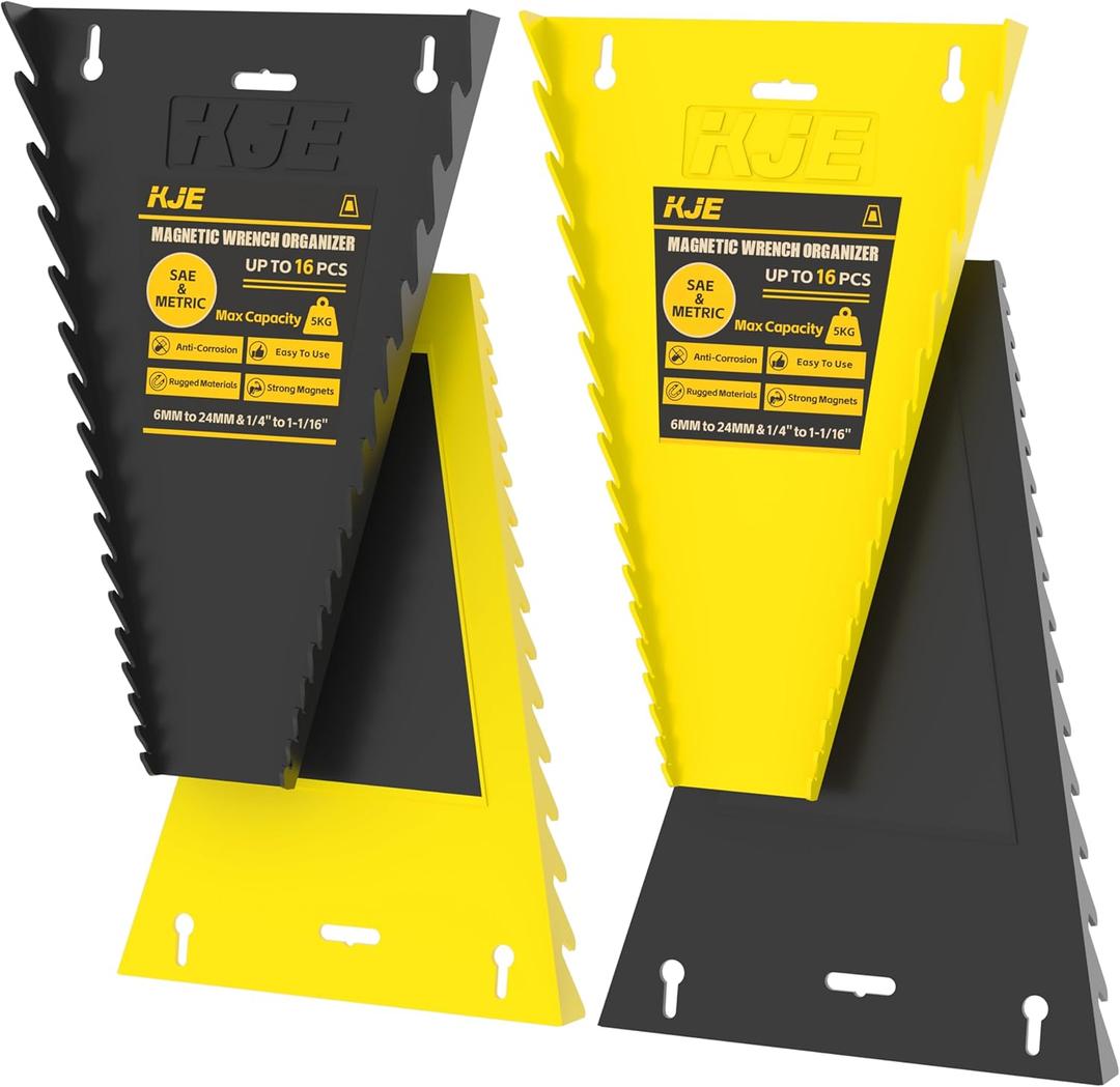 KJE 4Pack Magnetic Wrench Organizer, 64-Slot Wrench Rack Tool Trays, Magnetic Wrench Set Holder SAE(1/4" - 1-1/16") and Metric(6MM-24MM) (2Pack Black & 2Pack White)