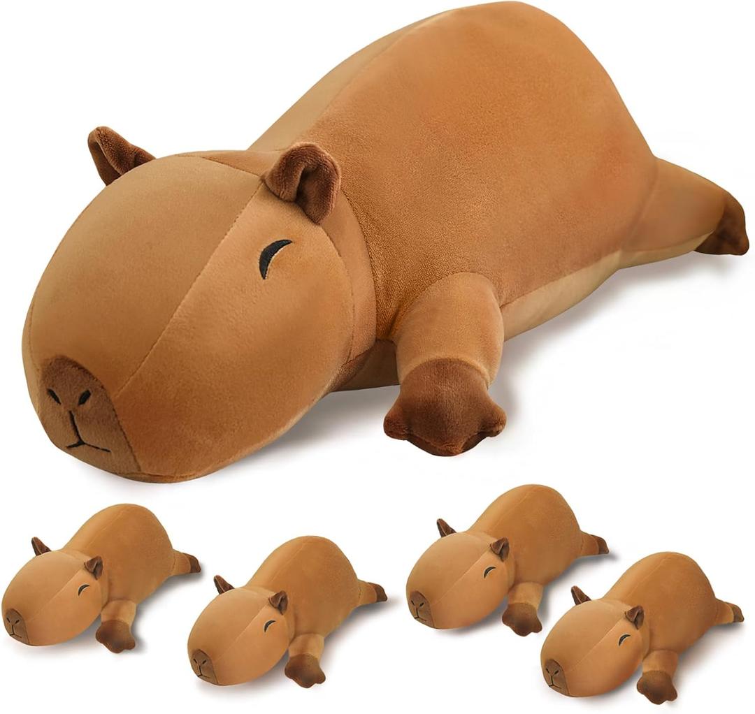 SQEQE Stuffed Capybara Plush - Cute Capybara Mommy with 4 Babies Surprise Soft Animal Toy Christmas, Valentine's, Birthday Gifts Ideal for Boys and Girls