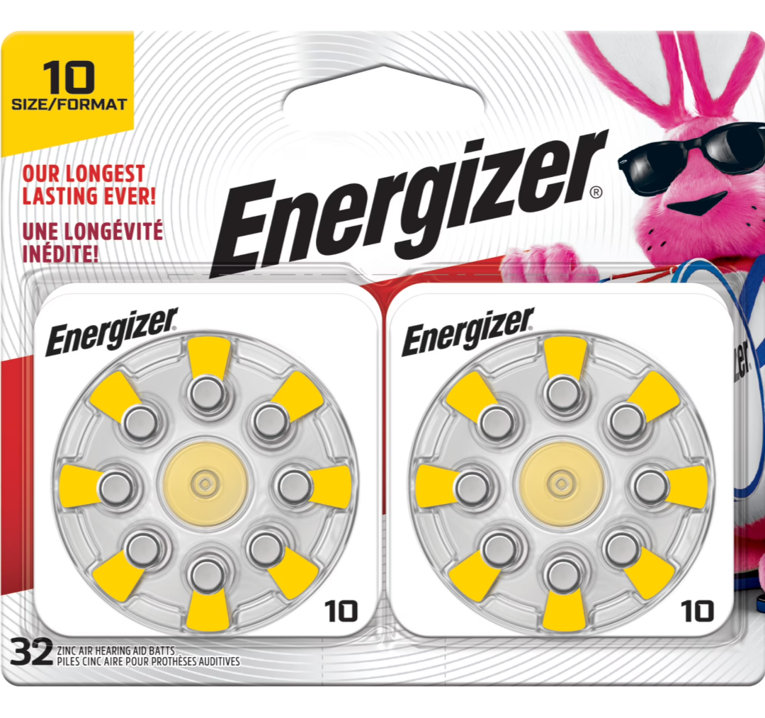 Energizer Hearing Aid Batteries Size 10, Yellow Tab, 32 Pack