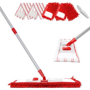 MASTERTOP Microfiber Mop for Floor Cleaning, Flat Dust Mop for Home and Kitchen, Adjustable Stainless Steel Handle with 4 Washable Mop Pads, Hardwood Floor Mop for Wood, Vinyl, 1 Cleaning Scraper (Red Mop)
