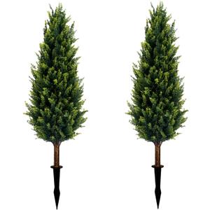 Artificial Cedar Topiary Tree with Ground Spike 3FT, Set of 2 Outdoor Faux Plants UV Resistant Fake Bushes Shrubs for Garden, Yard, Porch, Patio Decor(Normal)