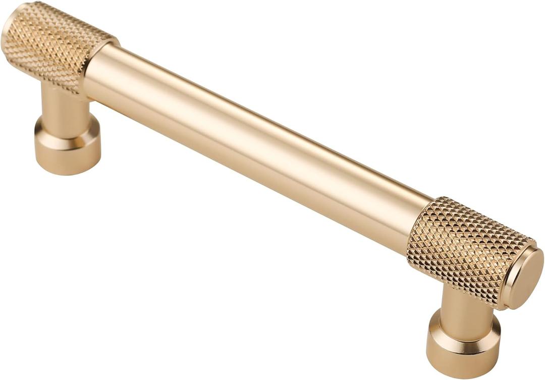 Alzassbg 10 Pack Gold Cabinet Pulls, 3-3/4 Inch(96mm) Hole Centers Knurled Kitchen Cabinet Handles for Cabinets and Drawers AL3017BB