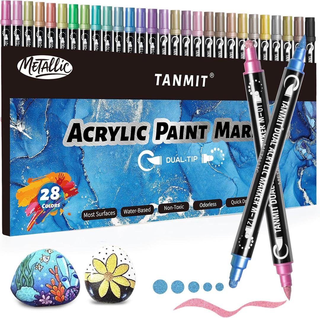 28 Metallic Colors Acrylic Paint Markers, Dual Tip Acrylic Paint Pens for Rock Painting, Black Paper, Wood, Canvas, Stone, Glass, Ceramic, DIY Crafts Making Art Supplies (Brush Tip and Round Tip)