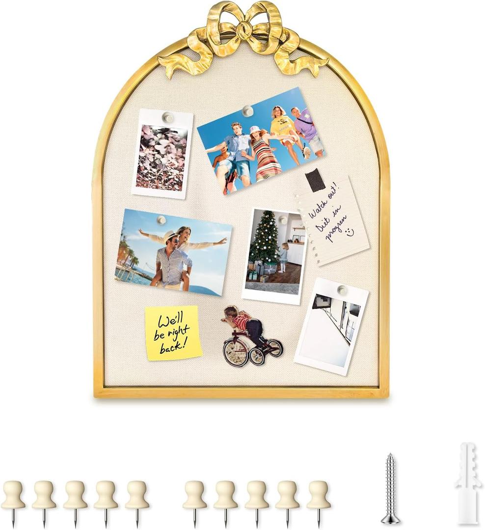 Vintage Arched Linen Cork Board with Gold Bow  Decorative Bulletin Board for Walls, Metal Frame Pin Board for Notes, Photos & Reminders, Elegant Vision Board for Home & Office 16"x21"