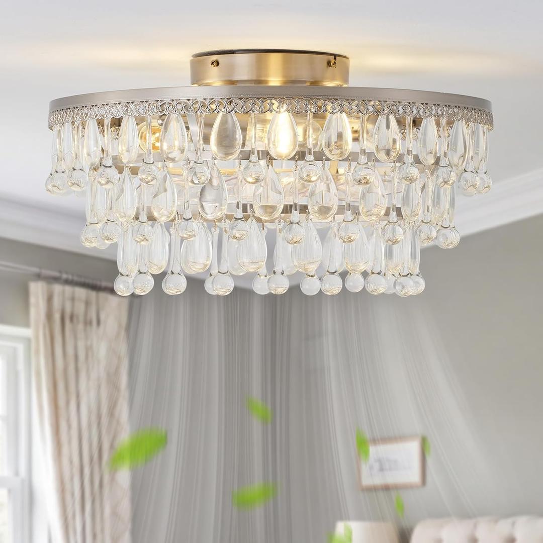 Crystal Ceiling Fan with Light Flush Mount Silver, Low Profile Caged Crystal Fandelier Ceiling Fans Enclosed with 6 Speeds for Girl’s Bedroom, Living Room, Nursery, Small