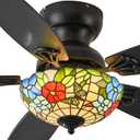 Tiffany Ceiling Fans with Lights - 48" Ceiling Fan Chandelier with 5 Dual-Blades and Glass Shade, 6 Speeds and Reversible, Indoor and Outdoor, Retro Style