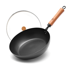 WANGYUANJI 11Inch Carbon Steel Frying Pan with Beech Wooden Handle & Glass Lid  Physical NonStick, NonCoating Skillet for Induction, Sautéing, Frying, StirFrying