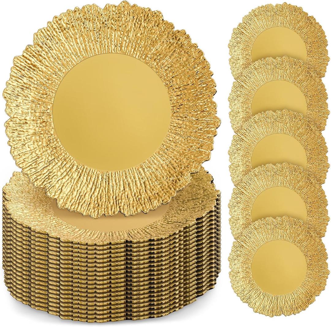 50 Pcs Charger Plates Bulk for Wedding Chargers 13" Reusable Round Serving Plate Table Chargers for Catering Family Party Restaurant Home Dinner Supplies (Reef,Gold)