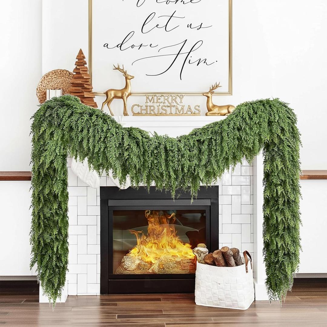 Cedar Christmas Garland for Mantle - Decorations with Lights 9 ft Realistic Lighted Faux Pine Garlands for Xmas Stairs Railing Fireplace Prelit Home Decoration Indoor Outdoor 9ft Garland Door Decor