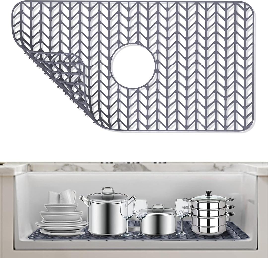 AWOKE Sink Protectors for Kitchen Sink - 26"x 14" Sink Mat - Heat-resistant Easy-clean Silicone Sink Mat - for Protection of Stainless Steel Sink - with Center Drain (Grey),Kitchen Sink Accessories