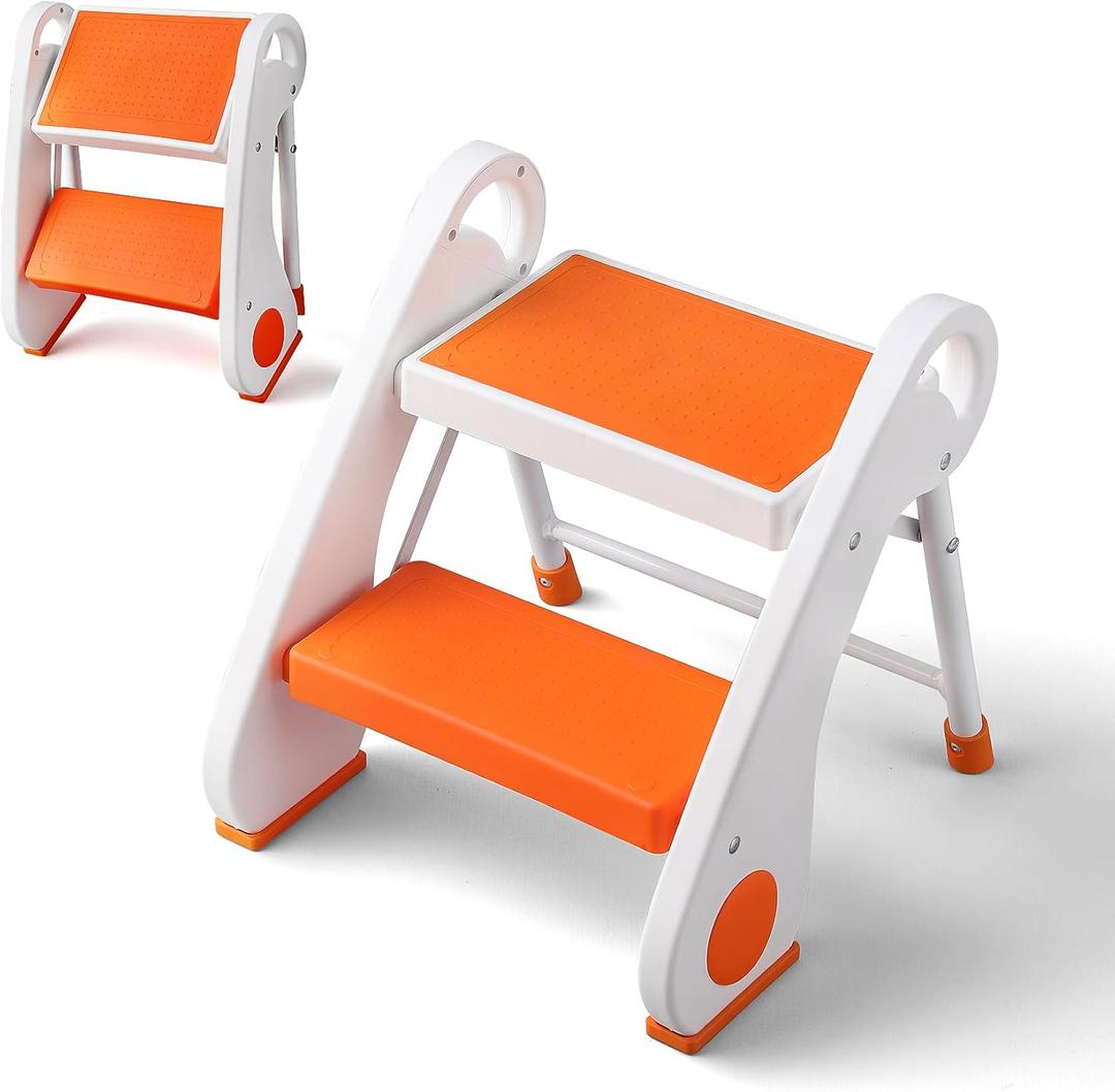 Toddler Step Stool - Foldable 2-Step Stool with Non-Slip Rubber Feet & Platform, Safety Lock, 300lbs Capacity, Lightweight for Potty Training, Bathroom Sink, Kitchen, Orange