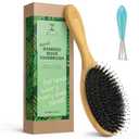 Natural Boar Bristle Hair Brush for Women, Men, Kids; Dry and Wet Detangling Hair Brush Gently Enhances Shine, Smooths Frizz and Prevents Breakage in Fine and Straight, Thick and Curly Hair (oval) (1 Count (Pack of 1))