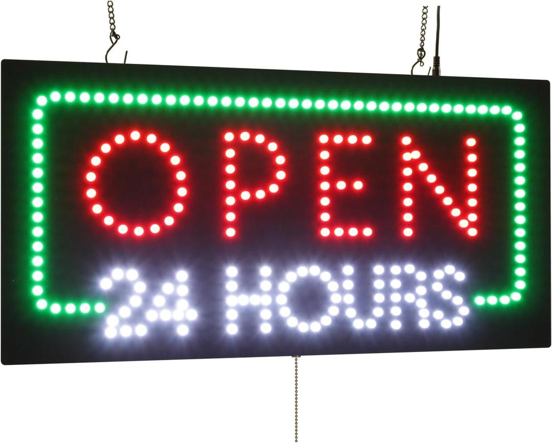 Open 24 Hours Sign, 24"x12", 60x30cm, TOPKING, LED, Neon, Florescent, Signage, Signboard, Display, Billboard, Screen, Grand Opening, Gift