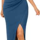 OWIN Women's Elegant V Neck Wrap Bodycon Maxi Dress Spaghetti Strap Ruched Side Slit Formal Wedding Guest Evening Dress, Grey Blue, S
