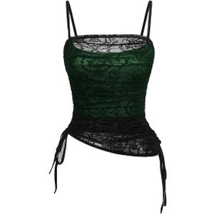 SOLY HUX Women's Ruched Lace Cami Top Drawstring Sleeveless Clubwear Sexy Gothic Tops (Large, Black and Green)