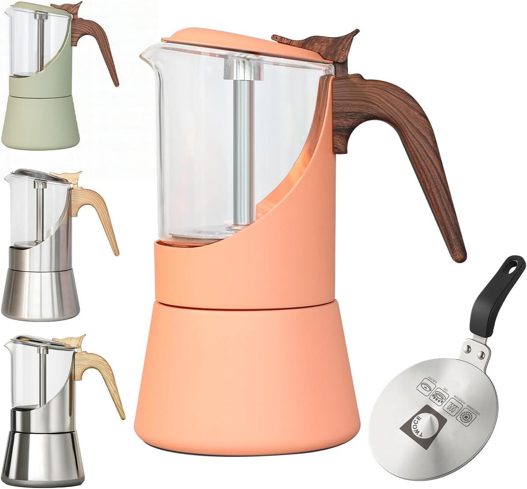 Glass Moka Pot for Stovetop & Induction - Italian Espresso Maker with Wood Handle & Leak-Proof Design - Comes with Induction Heat Diffuser Plate (6 Cup, 240ml) (Stainless Steel color)