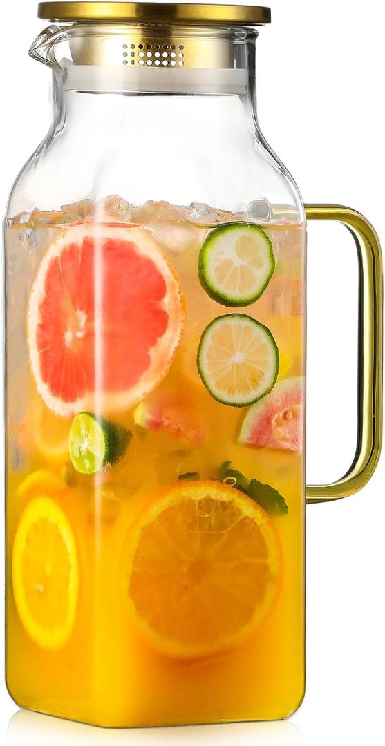 2 Quart (2 Liter 68 oz) Square Glass Pitcher with Lid and Spout, Water Pitchers with Handle for Fridge, Borosilicate Glass Carafe for Hot/Cold Drink, Large Jug for Iced Tea, Coffee, Beverage, Cold (67.6 Ounces, Gold)