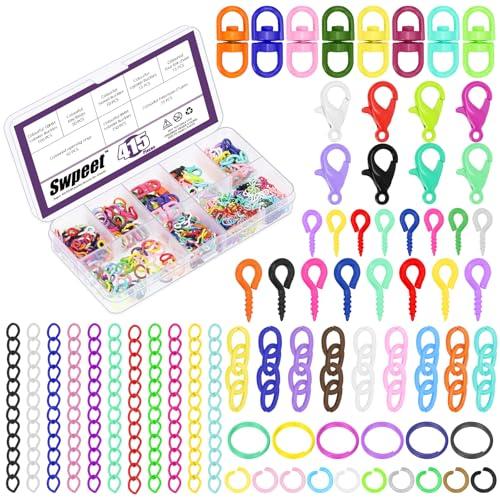 Swpeet 415Pcs Mixed Colors DIY Jewelry Accessories Assortment Kit, Including Lobster Claw Clasp, Swivel Eye Ring, Key Ring, Open Jump Ring, Eye Screw, and Extender Chain for Jewelry Making DIY Craft