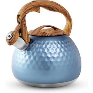 Stainless Steel Tea Kettle Blue, Teapot 3.2 Quart Whistling Tea Kettle, Tea Pots for Stove Top with Wood Pattern Handle, Gas Electric Applicable