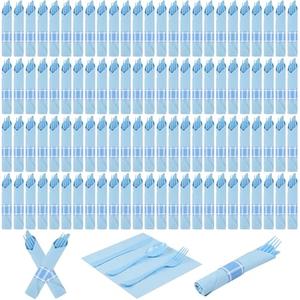 100 Pack Pre Rolled Blue Plastic Cutlery Set with Paper Napkins, Blue Pre Rolled Silverware Set Disposable for Wedding, Party, and Event, Pre Wrapped Plastic Utensils with Napkins for Baby Shower