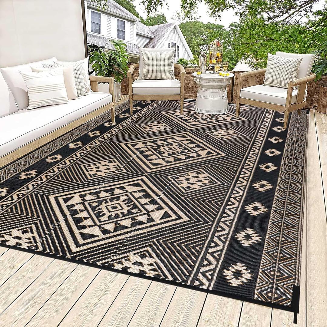 HiiARug Outdoor Rug 5'x7' Outdoor Plastic Straw Rug Waterproof Patio Mat Camping Rug Reversible RV Mat Outdoor Area Rugs for Outdoors, RV, Patio, Backyard, Deck, Camping (Black&beige&orange)