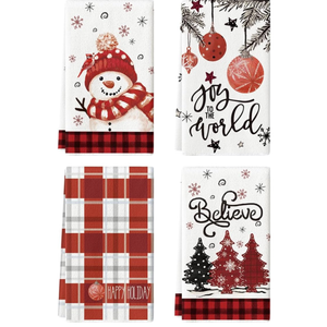 Red Xmas Tree Snowman Christmas Kitchen Towels Dish Towels, 18x26 Inch Farmhouse Holiday Bird Winter Decoration Cleaning Set of 4