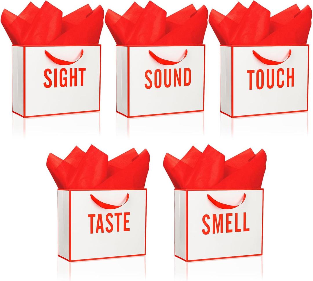 Kolldenn 5 Senses Gift Bags for Him Her Five Senses Gift Bag with Ribbon Handles and Tissue Paper Present Wrappings for Valentine Wedding Birthday Mothers Day(White Red,11.8 x 10 x 4 Inch)