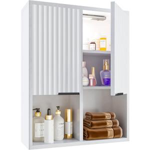 HAIOOU Fluted Bathroom Wall Cabinet with Motion Sensor Light, Curved Profile Wooden Medicine Cabinet Wall Mounted Cupboard, Wave Like Over Toilet Storage Cabinet with Buffering Hinges - Modern White