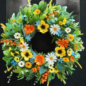 Spring Summer Wreaths for Front Door 24 Inch, Luxury Orange Blue Floral Wreath with Daisies Buttercup & Blue Butterflies, Spring Summer Wreath for Porch Home Wall Window Decor Indoor Outdoor Use