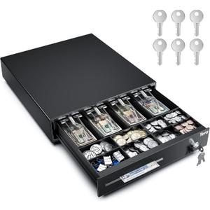 Tera 13 inch Auto Open Cash Register Drawer with 6 Keys Heavy Duty 4 Bill 8 Coin Removable Cash Tray Media Slot 24V RJ12 Key-Lock Round Corner for POS System Small Businesses Retail 330E