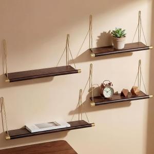 Pinkunn 4pcs Mid Century Modern Decor Walnut Floating Shelves for Wall Mounted Storage Shelves Solid Wood Rustic Decorative Shelving Living Room Bedroom Coffee Bar Bathroom Display Plant Photo, Large, Medium, 2x Small