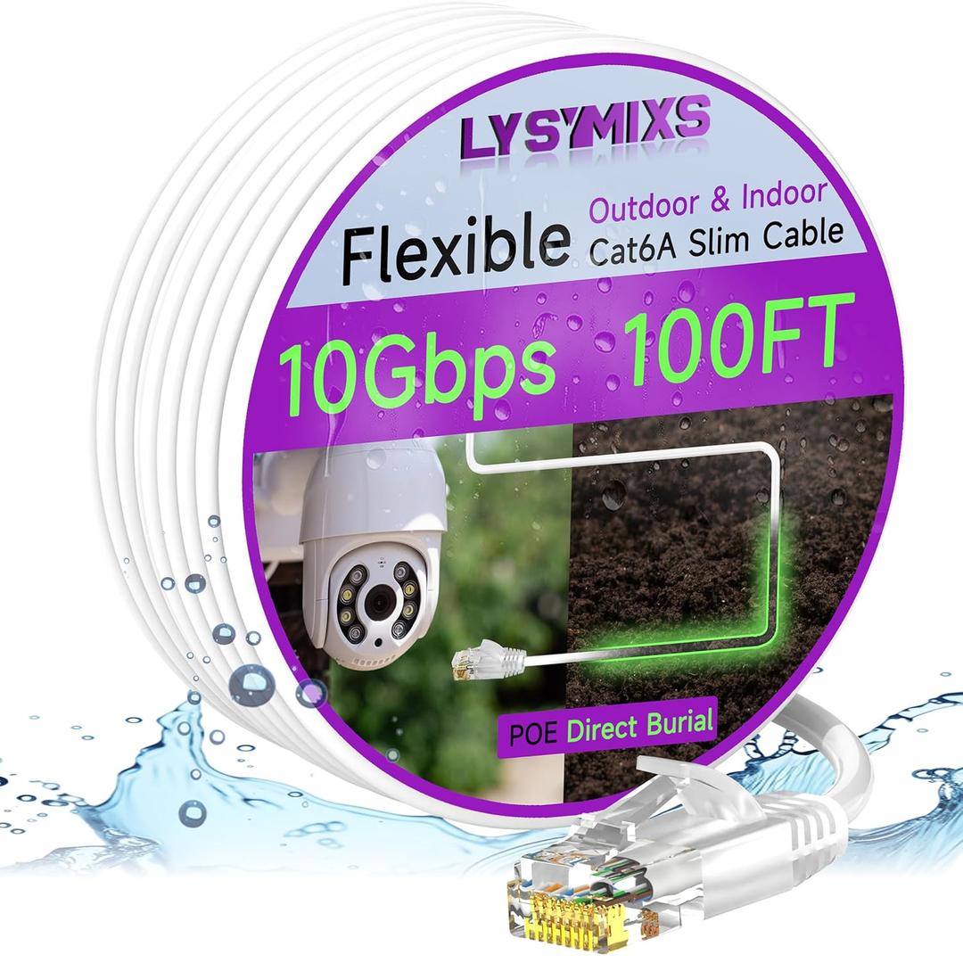 Lysymixs Cat6a Slim Ethernet Patch Cable 100ft Indoor & Outdoor, Flexible 10G Cat6 Internet Network Cable Waterproof LLDPE UV Jacket, Pure Copper Cat 6 Ethernet Cable, White