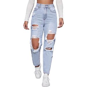 Floerns Women's Ripped High Waist Boyfriend Jeans Distressed Stretchy Denim Pants (Blue, S)