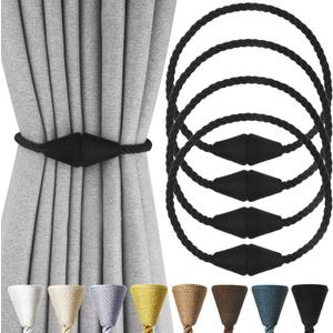 4 Pack Magnetic Curtain Tiebacks Rope Modern Handmade Curtain Tie Backs Decorative Drapes Weave Holdbacks for Window Dcor, Black