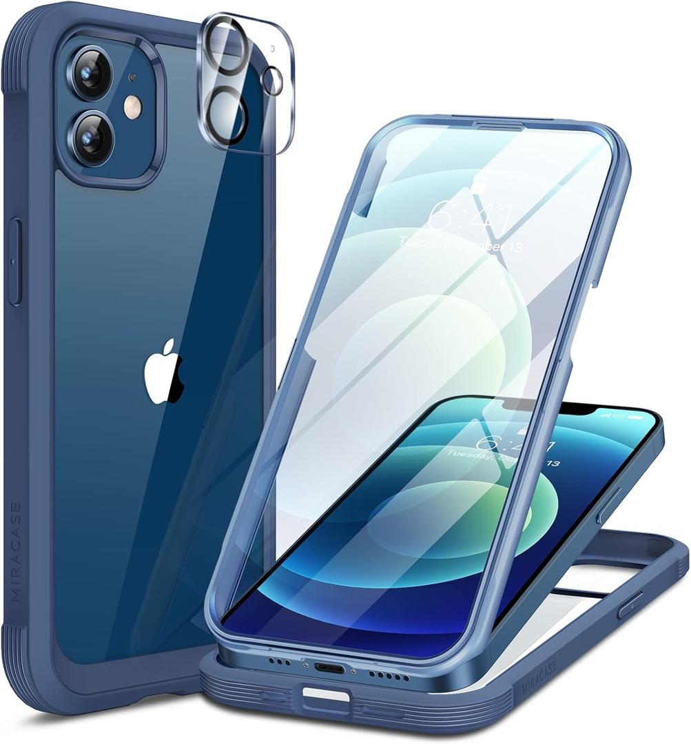 Miracase Glass Series for iPhone 12/12 Pro - Full-Body Rugged Protective Case with Built-in 9H Tempered Glass Screen Protector and Camera Lens Protector - Dark Blue