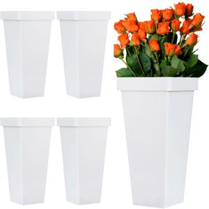 4 Pack Flower Buckets for Cut Flowers -13.4 Inch Plastic Floral Buckets Modern Square Vases for Centerpieces Display Decorative Plastic Vases for Home Office Wedding Decorations, White