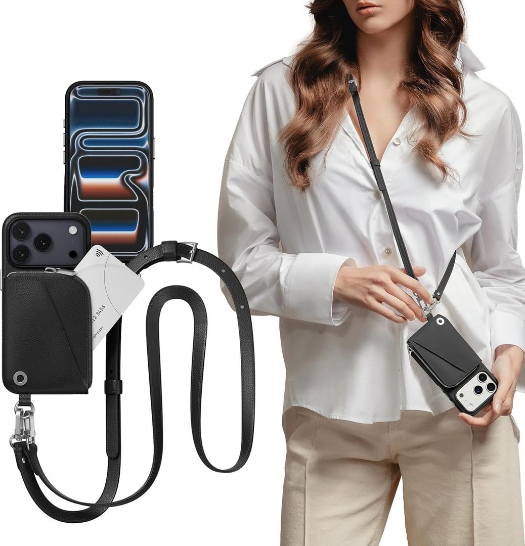 MAGEASY Compatible with iPhone 17 Pro 6.3" Wallet Case with Crossbody Strap - Coin Purse & Card Slot, with Leather Crossbody Lanyard, 16ft Ultimate Drop Protection | Pouch (Black)