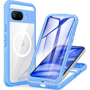CENHUFO Magnetic for Google Pixel 9a Case, Full Body Phone Case Built-in 9H Tempered Glass Screen Protector [Compatible with Magsafe] Shockproof Heavy Duty Protective Clear Cover Bumper - Blue